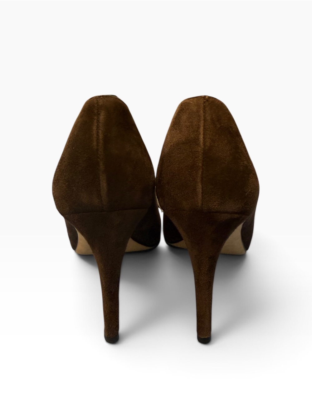 Suede Brown Peep-Toe Heels with Olive Bow - Picture 3 of 6